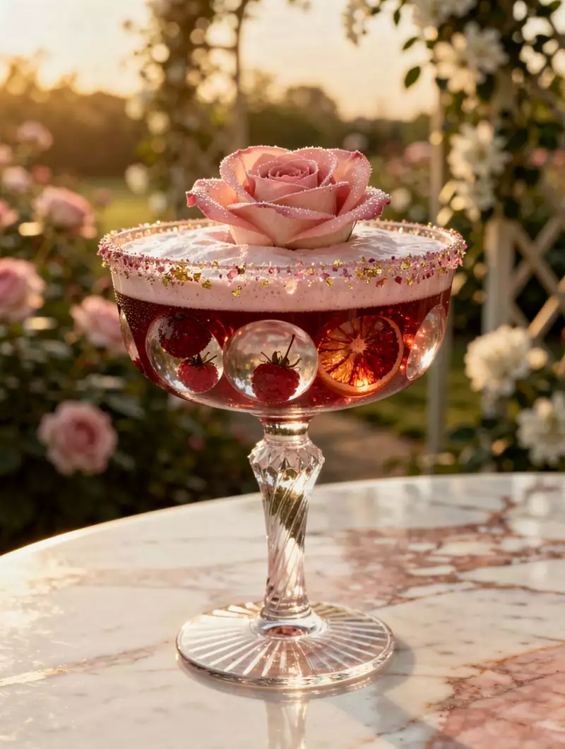 Сгенерировано нейросетью: A vintage coupe glass with a fluted rim and delicate, twisted stem, set on a marble table with rose veins, illuminated by the warm light of the golden hour. The drink is a deep ruby pink, topped with a velvety foam, infused with hibiscus tea, gin, lemon, and a hint of rose water. Ice spheres float inside, each containing tiny hibiscus petals, raspberries, and slivers of blood orange. A blooming pink rose floats on the foam, like a precious jewel. The rim sparkles with rose - petal sugar and edible gold dust. In the background, blurred rose gardens and climbing jasmine glow in the warm, romantic sunlight.