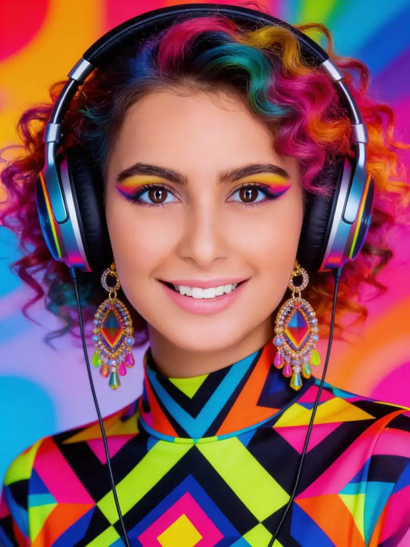 Сгенерировано нейросетью: close-up photo, fashion shoot, psychedelic color palette, of an eccentric individual with curly, multi-colored hair, high-fashion oversized headphones, wearing a bold geometric print outfit, large statement earrings, and vibrant neon eye shadow, set against an abstract, colorful backdrop